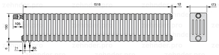 Схема (чертеж) Радиатор Zehnder Charleston 5019/33 №V001 Белый глянцевый RAL 9016